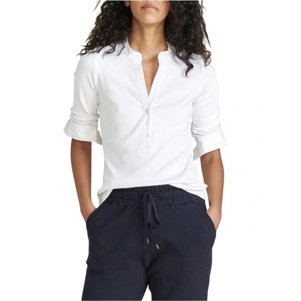 Veronica Beard The Laney Ribbed Henley Top White Pima Cotton L